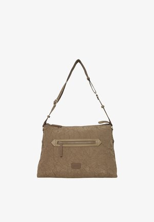 Borsa a mano beige con una finitura strutturata e effetto stropicciato, dotata di una tracolla regolabile e di una tasca frontale con zip. Logo a contrasto nella parte inferiore.