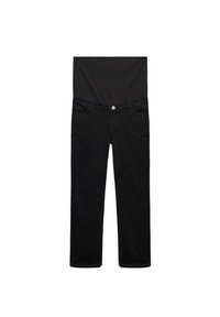 Jeans en denim noir avec une taille haute, un léger stretch, des poches avant et une fermeture à bouton. Texture lisse avec un design classique à jambe droite.