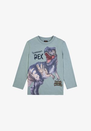 Green long-sleeve t-shirt featuring a large graphic of a tyrannosaurus rex, with the text "Tyrannosaurus REX" and "DINO WORLD."
