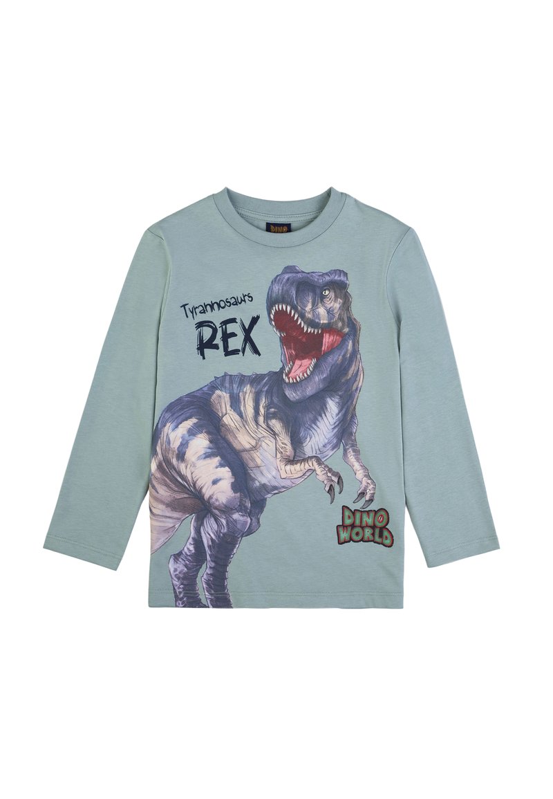 Grünes Langarm-T-Shirt mit einem großen Grafikmotiv eines Tyrannosaurus Rex, mit dem Text "Tyrannosaurus REX" und "DINO WELT."