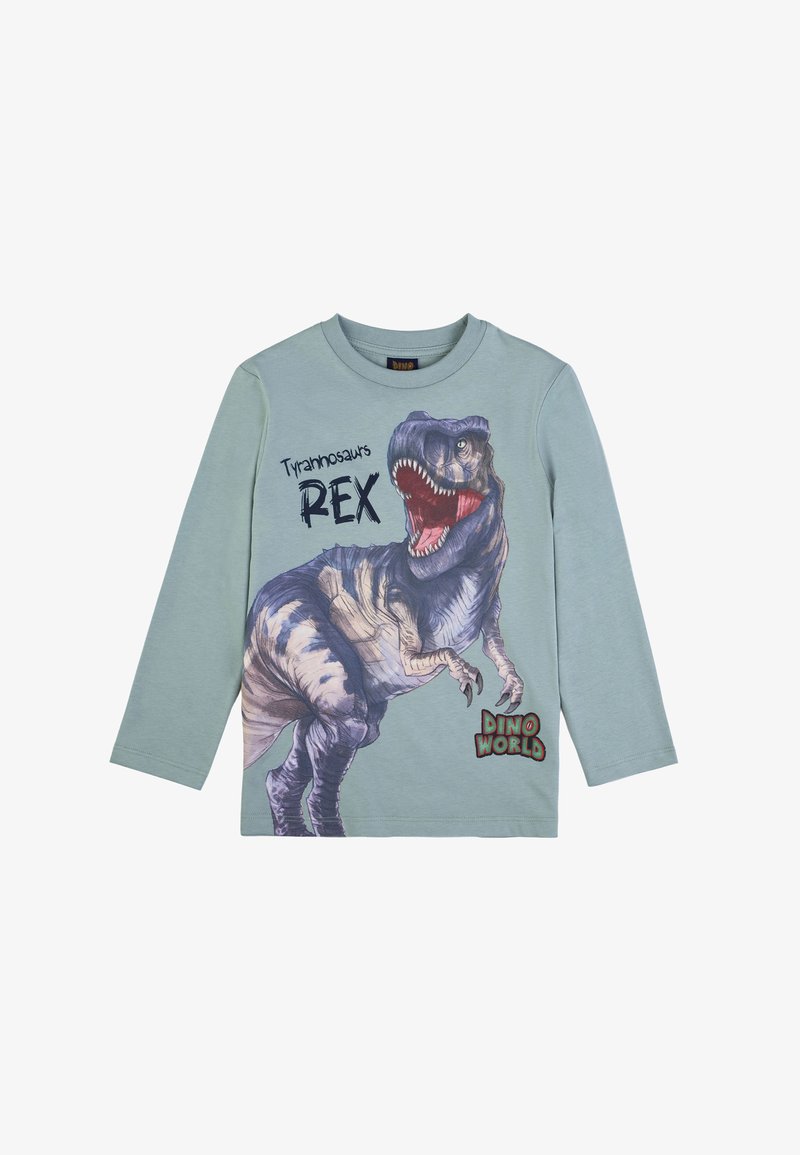 Grünes Langarm-T-Shirt mit einem großen Grafikmotiv eines Tyrannosaurus Rex, mit dem Text "Tyrannosaurus REX" und "DINO WELT."