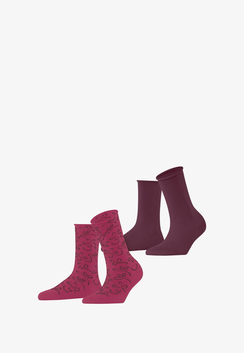 Two pairs of socks: one solid maroon pair and one pink pair with a black abstract pattern. Cotton blend, mid-calf length design.