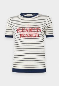 Camiseta de algodón a rayas con ribete azul marino, que presenta el nombre "Elisabetta Franchi" en texto bordado rojo en el frente.