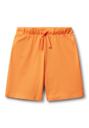 Orange cotton shorts with an elastic waistband, adjustable drawstring, and straight hem. Smooth texture, knee-length design.