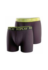 Boxer briefs en negro y gris oscuro con bandas elásticas; una banda es negra con letras amarillas, la otra es amarilla con letras negras.