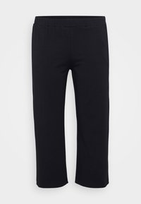 Black, lightweight, elastic waist pants. Cropped design with straight legs. Made of a smooth, fine texture material. No visible patterns or hardware.