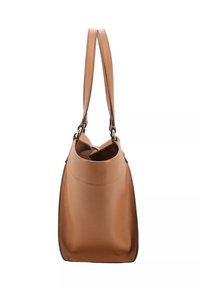 Tan leather tote bag with a smooth finish, dual top handles, and a slightly rounded shape, featuring gold-tone hardware accents.