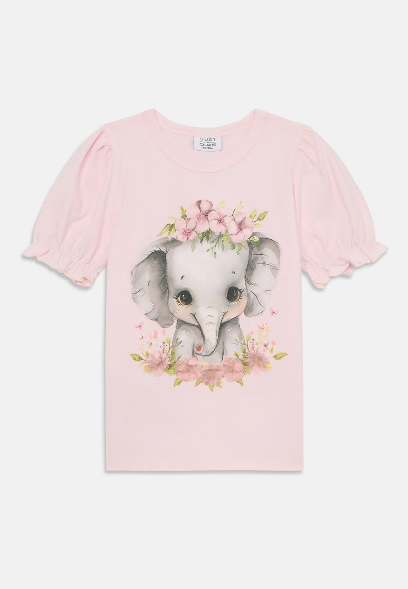 Lys rosa kortærmet t-shirt med et gråt elefantgrafik og blomsteraccenter. Puffede ærmer tilføjer tekstur; blødt stof for komfort.