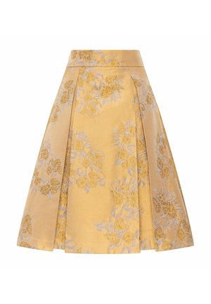 Jupe évasée jaune avec des motifs floraux en tons argentés et dorés. Présente des plis et une taille ajustée, fabriquée en tissu texturé.