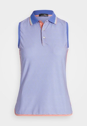 Polo sin mangas con patrón geométrico azul, cuello azul con ribete a rayas, tapeta interior rosa y ribete rosa en el dobladillo.