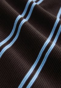 Tissu côtelé brun foncé avec des paires de rayures parallèles bleu clair espacées régulièrement, courant verticalement.