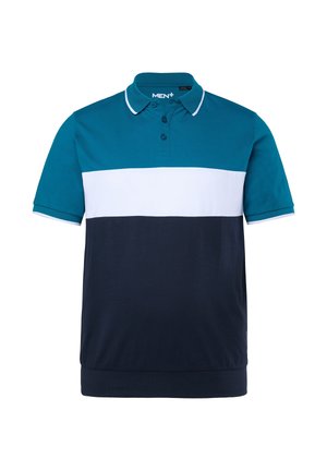 Poloshirt mit einem Farbblock-Design in Türkis, Weiß und Navyblau. Hergestellt aus weichem Stoff, mit klassischem Kragen und Drei-Knopf-Leiste.