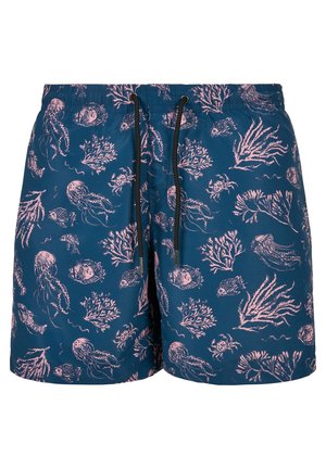 Blaue Badeshorts mit einem pinkfarbenen maritimen Muster, das Quallen- und Korallenmuster zeigt. Mit verstellbarem Kordelzug an der Taille.