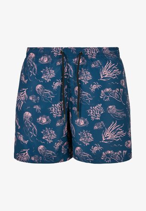 Mėlyni maudymosi šortai su rožinės spalvos jūrinio pasaulio raštu, kuriame yra medūzų ir koralų dizainai. Į komplektą įeina reguliuojamas raištelis juosmens srityje.