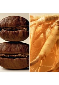 Kaffebønner til venstre med en skinnende, mørk brun overflate, og ginsengrøtter til høyre, blekgule, rynkete og med forgrenede former.