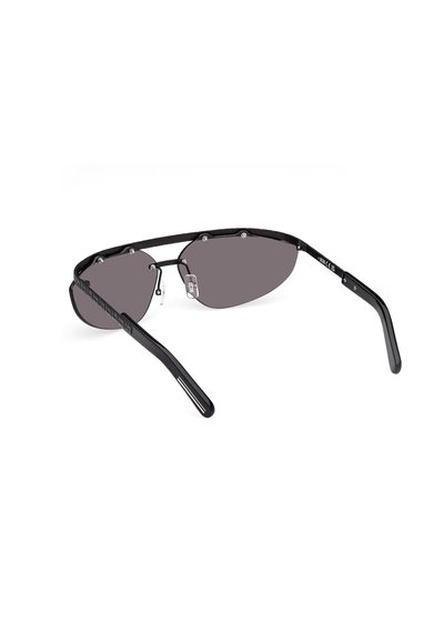 Black sunglasses with an angular design, dark tinted lenses, and metal accents. The frame features a textured pattern and curved arms.