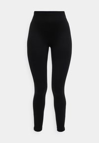 Højttaljede sorte leggings i strækstof med en glat tekstur, der har en tætsiddende pasform og lynlåse ved kanten.