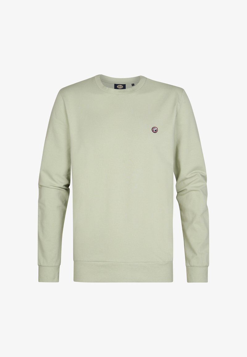 Sudadera verde claro de cuello redondo hecha de algodón con mangas largas. Presenta un pequeño logo redondo en el área del pecho izquierdo. Textura suave.