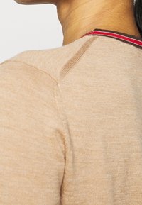 Beiger Strickpullover mit Rundhalsausschnitt, ausgestattet mit einem roten und braunen Streifenakzent am Kragen, weicher Textur und taillierter Passform.