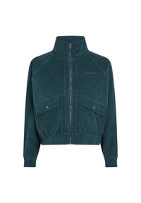 Giacca a zip in velluto a coste verde con un colletto alto, due tasche frontali, vita elasticizzata e polsini a coste. Branding sottile sul petto.