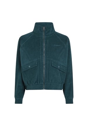 Groene corduroy zip-up jas met een hoge kraag, twee voorkeurszakken, elastische tailleband en ribbels aan de mouwen. Subtiele merkuiting op de borst.