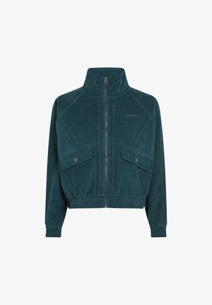 Groene corduroy zip-up jas met een hoge kraag, twee voorkeurszakken, elastische tailleband en ribbels aan de mouwen. Subtiele merkuiting op de borst.