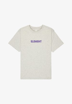 Jasnoszary T-shirt z krótkim rękawem i okrągłym dekoltem, z fioletowym napisem „ELEMENT” na środku klatki piersiowej.