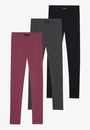 Three pairs of leggings in maroon, dark gray, and black. They feature a soft, stretchy fabric with an elastic waistband.