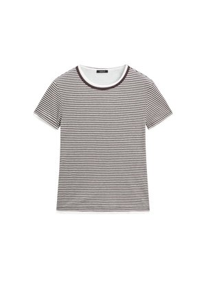 Korte mouwen T-shirt met ronde hals, met dunne horizontale zwart-witte strepen en een donkere rand rondom de halslijn.