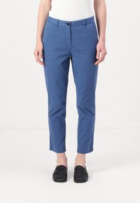 Blue cotton pants with a straight fit, button closure, and side pockets. Ankle-length with a smooth texture and no visible patterns.