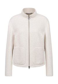 Weiße Fleecejacke mit hohem Kragen, Frontreißverschluss und zwei großen Taschen. Weicher Stoff und lockere Passform mit minimalen Nähten.