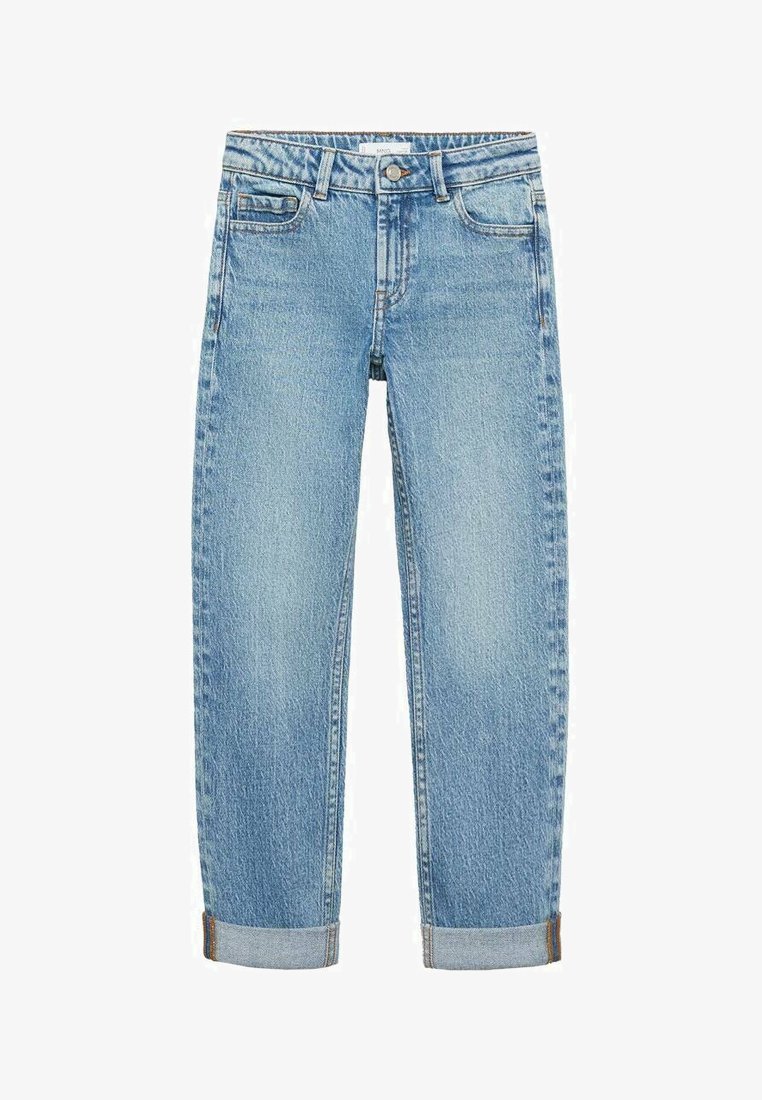 Svijetloplave traperice ravnog kroja, s pet džepova, ugrijanim rubovima i suptilnom izbjeljenom teksturom. Zatvaranje na gumb i munje.