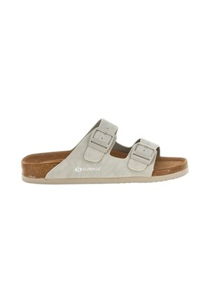 Sandalo beige con due cinturini regolabili con fibbia e sottopiede in sughero marrone, con marchio Superga di lato.