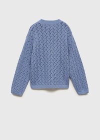 Hellblau gestrickter Pullover mit einem strukturierten Netzmuster, runder Ausschnitt und elastischen Bündchen sowie Saum. Normale Passform und lange Ärmel.
