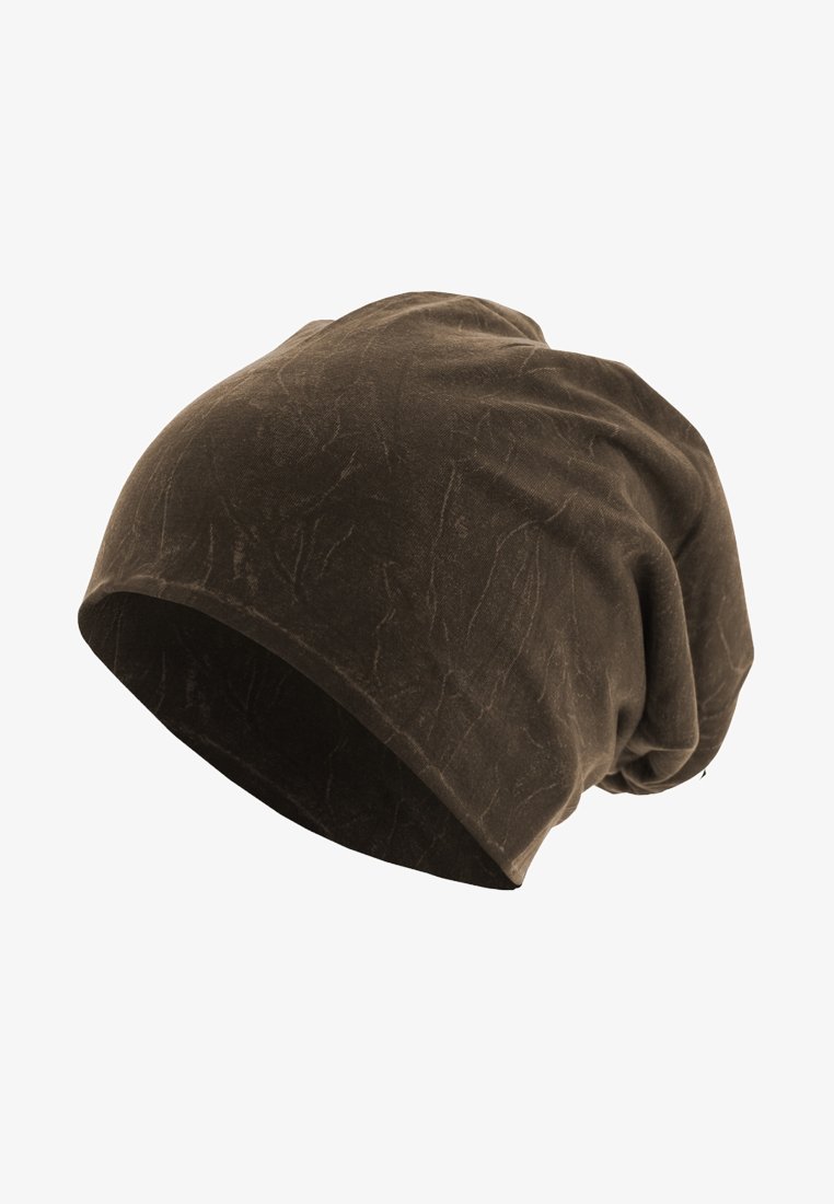 Rudas, minkštas audinys beanie skrybelė su laisvos formos dizainu ir subtilia tekstūra. Pasižymi raukšlių išvaizda ir laisvu prigludimu.