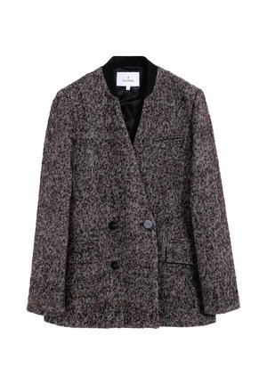 Double-breasted tweed blazer in brown and gray houndstooth pattern, featuring a black collar, two front pockets, and black buttons.