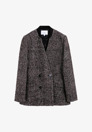Double-breasted tweed blazer in brown and gray houndstooth pattern, featuring a black collar, two front pockets, and black buttons.