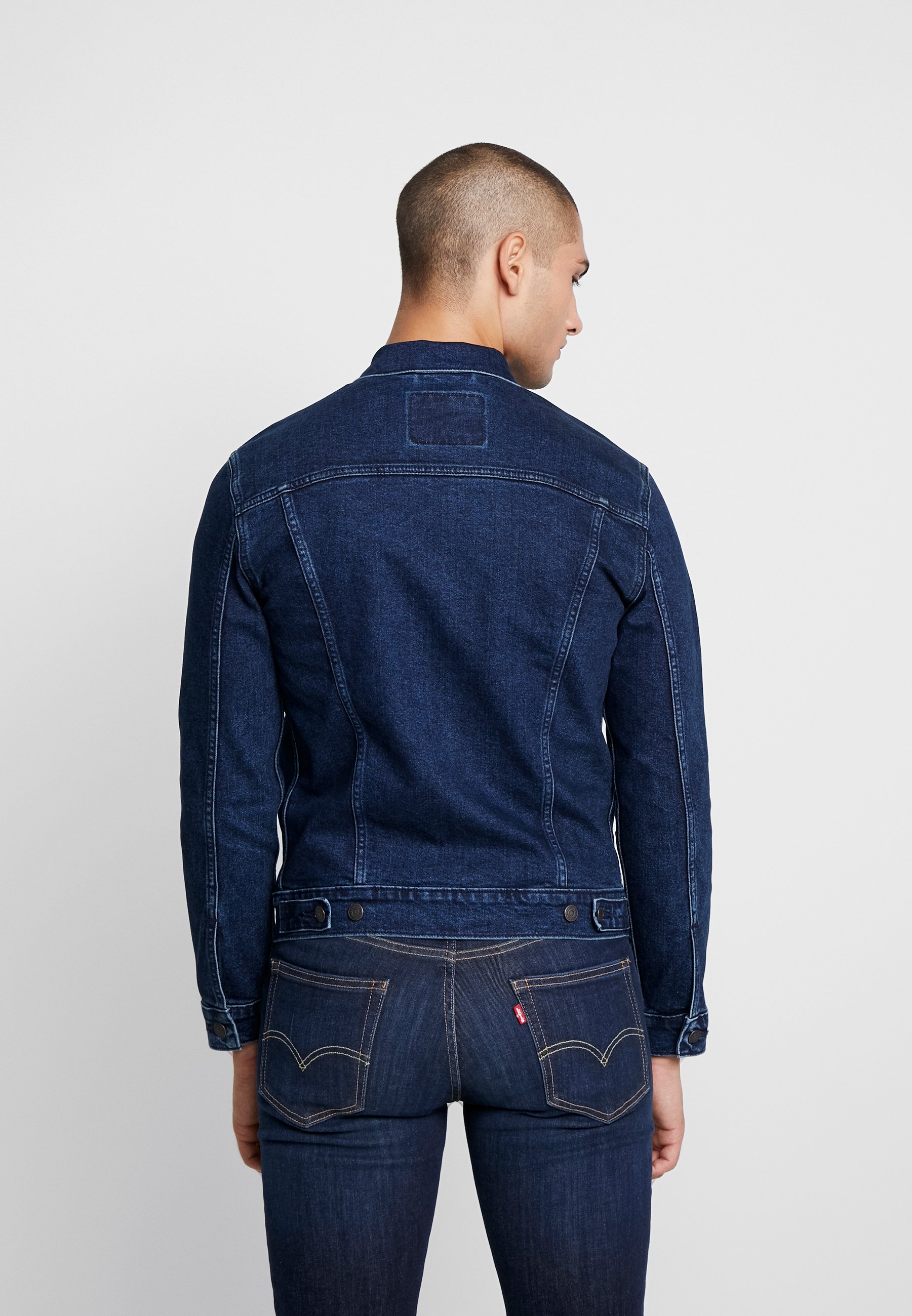 dark blue trucker jacket