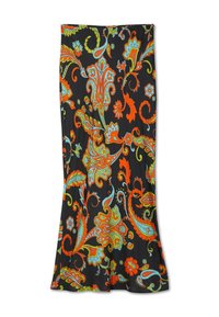 Μαύρη φούστα με ζωηρά πορτοκαλί, μπλε και πράσινα λουλουδάτα και πασλέ μοτίβα, με καμπάνα στο τελείωμα, μήκος μέχρι τη μέση της γάμπας.