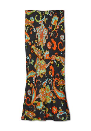 Jupe noire ornée de motifs floraux et cachemire vibrants en orange, bleu et vert, ourlet évasé, longueur midi.