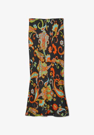 Jupe noire ornée de motifs floraux et cachemire vibrants en orange, bleu et vert, ourlet évasé, longueur midi.