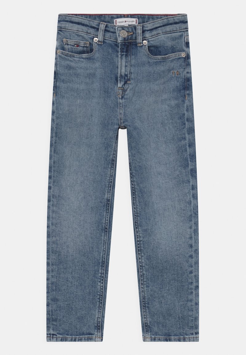 Lichtblauwe denim jeans met een rechte pasvorm, voorzien van een knoop- en ritssluiting, vijf zakken en subtiele versleten details.
