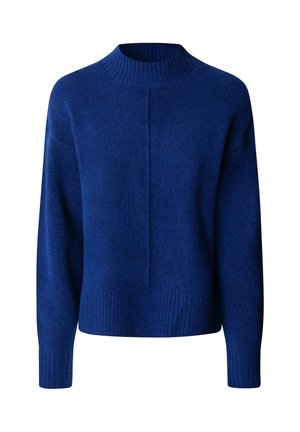 Blauwe gebreide trui met een hoge halslijn, geribde manchetten en zoom. Heeft een gestructureerde afwerking en een centrale naad aan de voorkant.