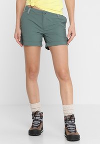 Gröna utomhusshorts med uppvikta muddar, tillverkade av lättviktsmaterial. Kombinerade med bruna vandringskängor och krämfärgade strumpor.