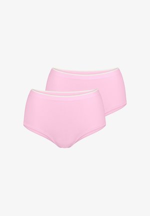 Różowe bawełniane bokserki damskie o gładkiej fakturze i elastycznym pasie. Zawierają kontrastową jasną taśmę u góry. Zestaw dwóch sztuk.