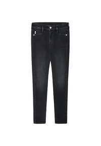 Črne slim-fit kavbojke z gladko denimsko teksturo, ki imajo pet žepov in sprednje zapiranje na gumb.