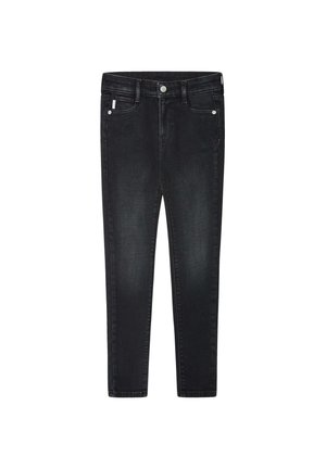 Jean slim noir avec une texture en denim lisse, présentant un design à cinq poches et une fermeture à bouton sur le devant.
