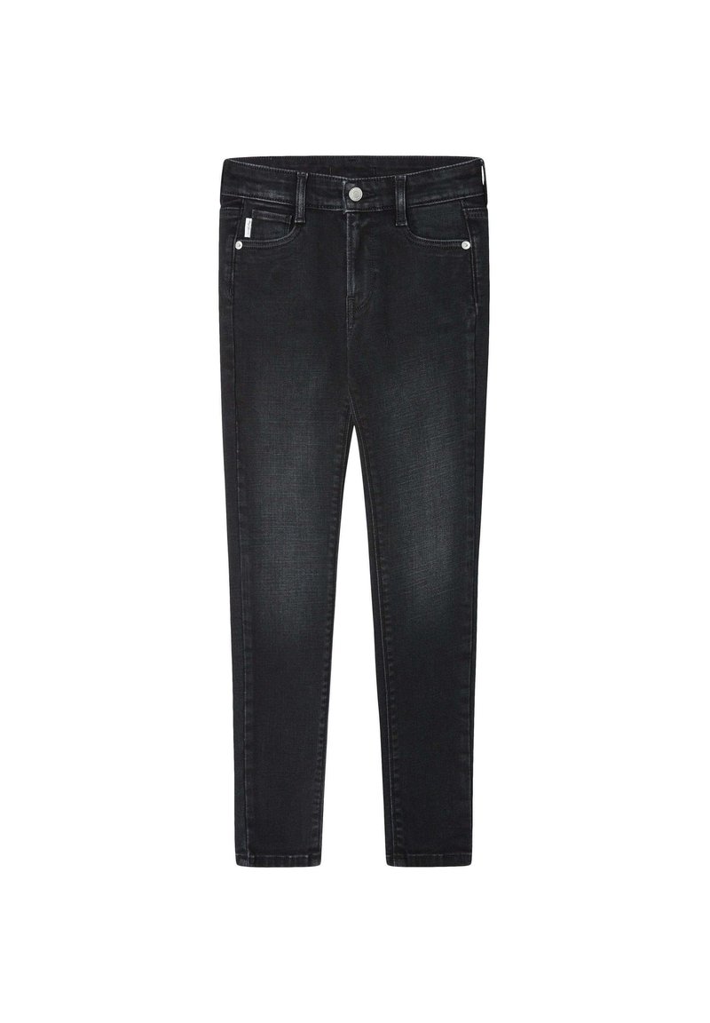 Črne slim-fit kavbojke z gladko denimsko teksturo, ki imajo pet žepov in sprednje zapiranje na gumb.