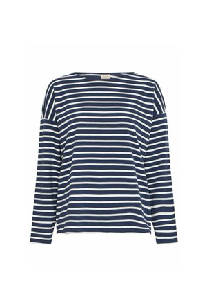 Camisa de rayas en azul marino y blanco de manga larga con un corte relajado y un cuello redondo amplio. Material de algodón suave con una textura lisa.