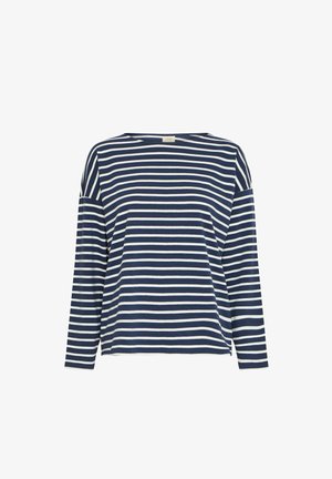 Tumedat sinised ja valged triibulised pikkade varrukatega särk, millel on mugav lõige ja lai ümar kaelus. Pehme puuvillane materjal, millel on sile tekstuur.